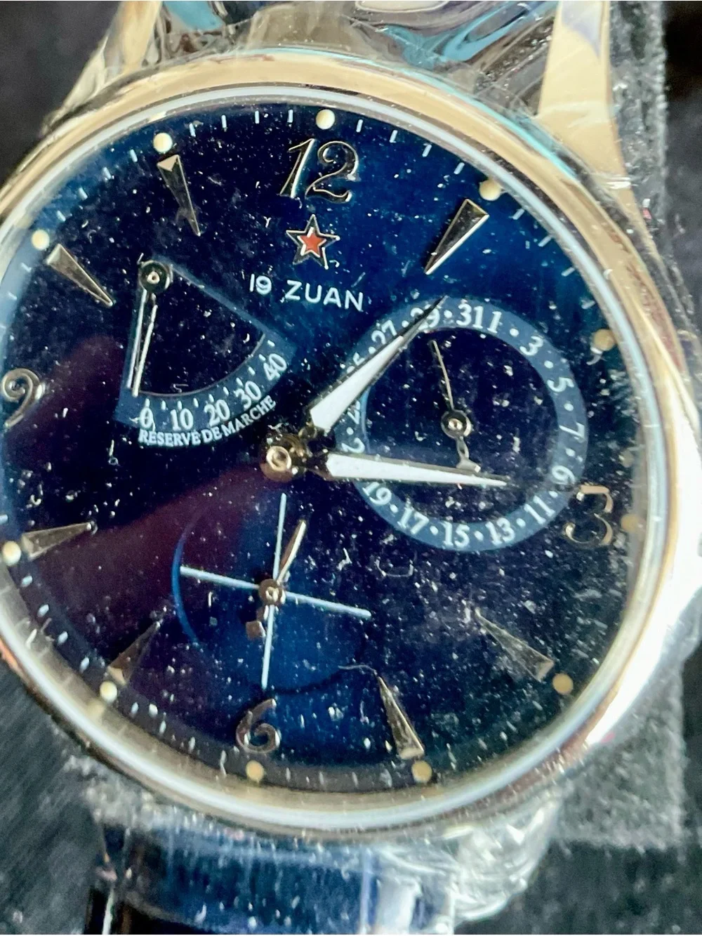 NIB Blue Automatic Sugess Power Reserve/Date Watch+ S/S Bracelet Plastic Wrapped